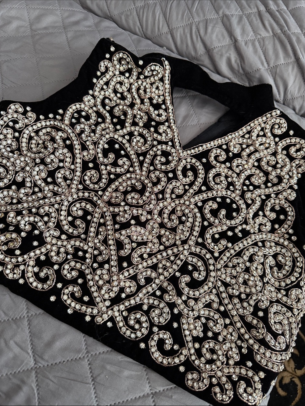 Embellished Black Velvet Evening Bodice with Crystal Scrollwork